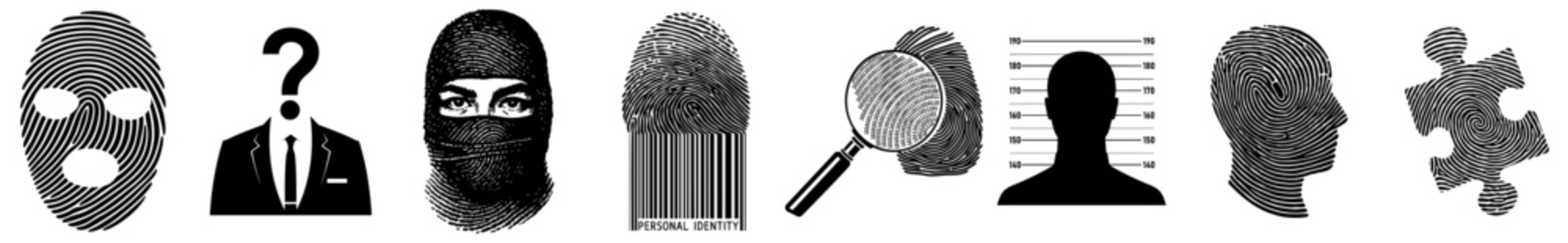 Criminal Investigation Icon Set with Suspect Silhouettes, Masked Criminals, Fingerprint, Evidence and Question Mark &ndash; Crime Search, Homicide and Law Enforcement