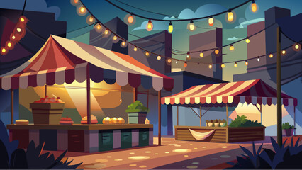 Night farmers market with striped tents, string lights and fresh produce in a cozy urban setting