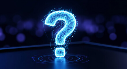 Luminous blue question mark formed from dot and line network on dark surface, symbolizing problem, uncertainty, and technological solution exploration