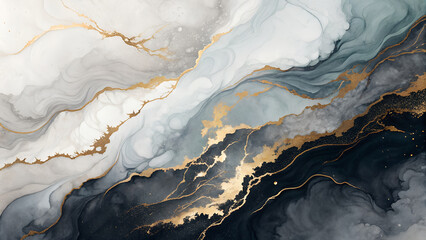 Abstract fluid art background with elegant waves of dark blue, gray, and white marble texture accented by shimmering gold veins