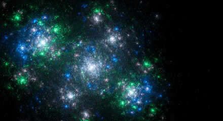 Fractal rendering of nebulous cloud with bright, white star clusters against a black background, representative of cosmos, space exploration or science