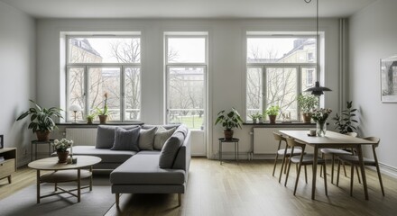 Bright and Modern Scandinavian Apartment Living and Dining Room with Large software, Grey Sectional Sofa, and Lush Green Plants, Featuring Light Wood Flooring and Minimalist Decor.
