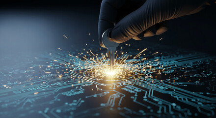 Gloved hand holding a key above a circuit board emitting light sparks, representing data access, security, and technological advancement