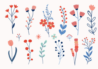 Set of floral vector illustration set with cute flowers and leaves. Spring holidays. Perfect for Valentine's Day, Women's Day, Easter, Mother's Day