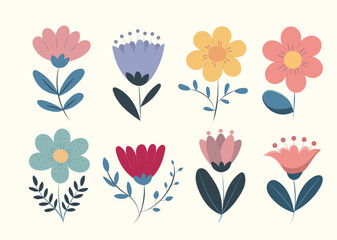 vector illustration of a flower. Whimsical flat flower illustrations set. Cute botanical elements for posters, social media and stationery