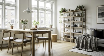 Bright Scandinavian Open-Concept Living and Dining Room with Wooden Furniture, Natural Light, and Stylish Decor featuring Ceramic Shelf Display and Cozy Seating Area
