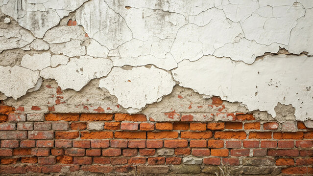 Texture of an old weathered brick wall with peeling white plaster revealing the red clay brick structure underneath - Powered by Adobe