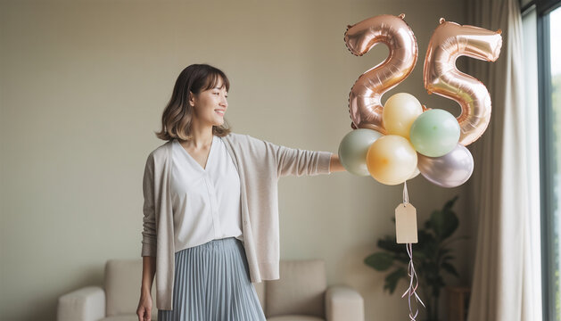 女性が室内で数字バルーン「25」を掲げる落ち着いた誕生日