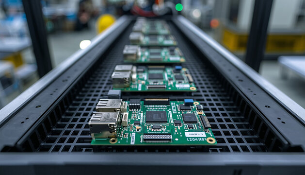 静電気対策トレイに整然と並ぶ回路基板の品質管理シーン、人物なし