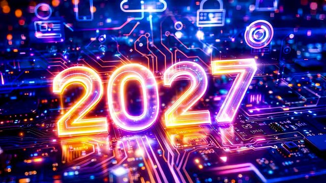 2027 digital technology vision with glowing circuit networks, advanced computing systems, innovation timeline and next generation electronic progress