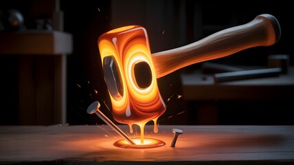 Molten glowing hammer head striking a metal nail on a wooden workbench in a dark workshop emitting s