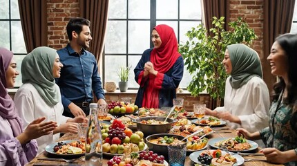 Joyful Diverse Group of Friends and Family Sharing a Delicious Festive Dinner at a Beautifully Set Table, Celebrating Together with Abundant Food