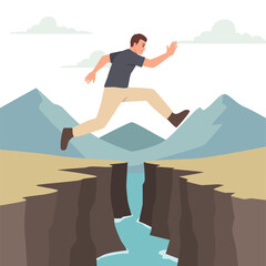 Man jumping over a cliff between mountains, representing courage, risk taking, challenge. Flat vector illustration isolated on white background