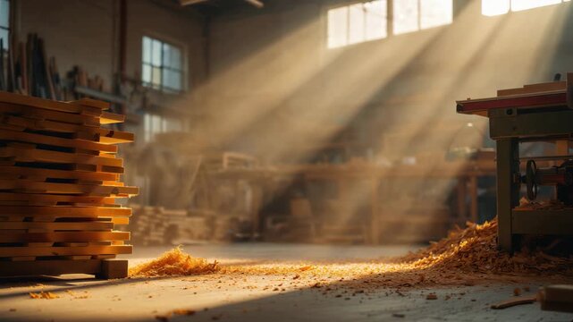 Warm sunlight filtering through workshop windows onto wood shavings, timber planks, and precision tools, capturing the quiet artistry of sustainable furniture making and traditional woodworking craft