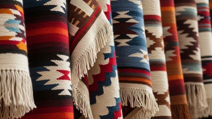Assorted Native American Textiles Hanging Side by Side Showing Traditional Patterns, Colors, and Cultural Craft
