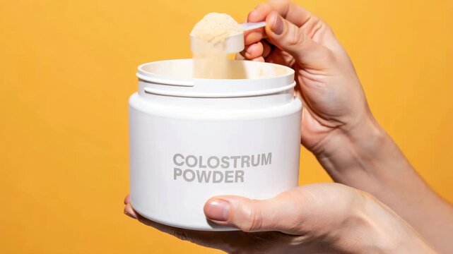 Container with colostrum powder in hands against yellow background, bovine colostrum health supplement, natural first milk, immune superfood, bioactive nutrition, longevity wellness product