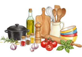 A vibrant watercolor still life of fresh cooking ingredients and rustic kitchen tools on a transparent background. Concept of gourmet home cooking