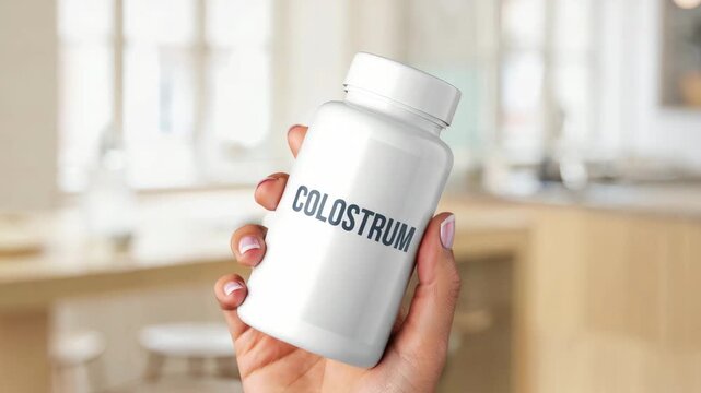 Hand holding white supplement bottle labeled colostrum in kitchen, dietary immune supplement, bovine colostrum cow colostrum natural colostrum first milk immune bioactive superfood ig-rich milk