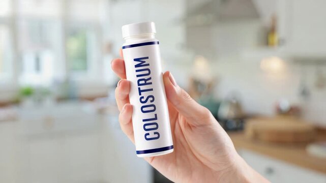 Colostrum supplement bottle in convenient packaging held in a bright kitchen setting, daily wellness support, clean label design, nutritional formulation, clinical inspiration, packaging