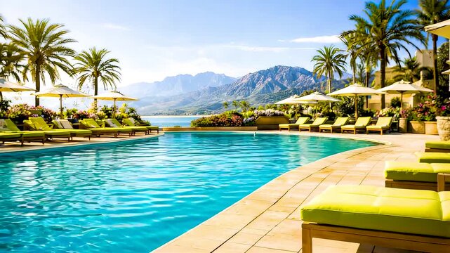 Luxury resort swimming pool with palm trees and mountain views under bright sunshine, tranquil holiday retreat, premium travel destination atmosphere