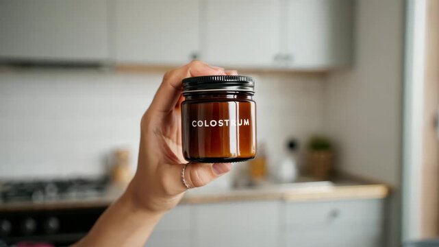 Hand holding brown glass colostrum jar in kitchen interior, dietary supplement container, wellness nutrition product packaging, home lifestyle background, healthy morning routine, focus on jar label