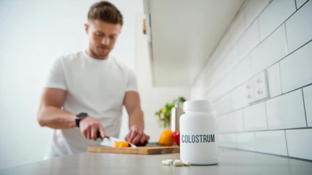 White supplement bottle with capsules on kitchen counter, colostrum dietary product foreground, blurred man slicing fruit, morning routine, home nutrition, minimal interior, selective focus