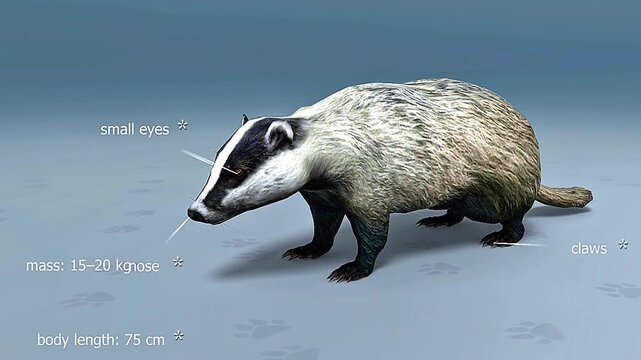 Anatomy of European badger showing skeleton, muscles, skull, limbs, organs, and sensory structures.