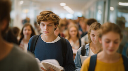 A crowded corridor filled with people, where students rush between classes, carrying books and backpacks, embodying the excitement and hustle of campus life during a busy school day. cinematic
