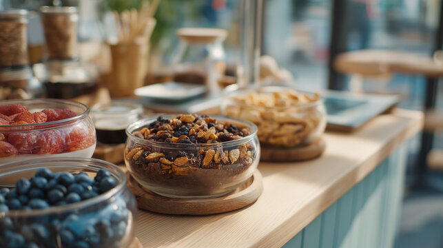 Modern office food corner showcasing a well-organized snack station, complete with colorful fruits, healthy nut mixes, and gourmet coffee, encouraging productivity and well-being among staff