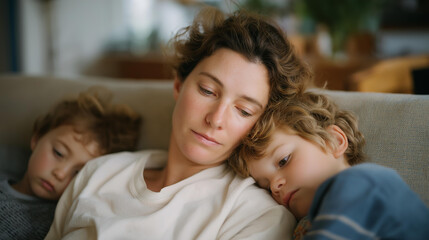 Fototapeta premium Tired mother resting on a sofa while children play nearby, heavy eyes and stillness capturing fatigue, devotion, and everyday family reality. cinematic color correction, natural uneven lighting yet