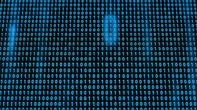 A dense pattern of glowing blue binary code, featuring zeros and ones, creates an abstract digital data background with a futuristic and technological feel.