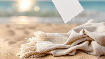 Blank card on beach blanket with ocean in background for mockup or message