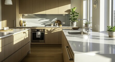 Modern Sunlit Kitchen with Wood Cabinetry, White Countertops, and Integrated Appliances, Featuring Natural Light and Green Plants