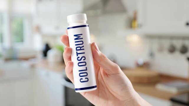 Hand holding white supplement tube with colostrum label, blurred kitchen background, natural immunity support, oral care routine, dietary packaging, close up product view, clean home scene