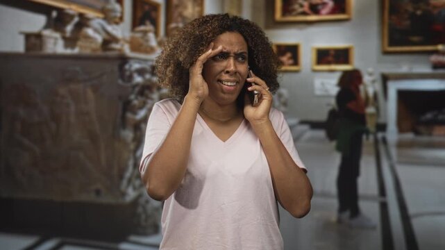Woman holding phone to ear touching forehead for headache inside an art gallery building; frustration headache worry.