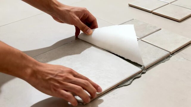Medium shot of hands peeling selfadhesive tile backing showcasing the simple installation process for effortless home flooring updates.