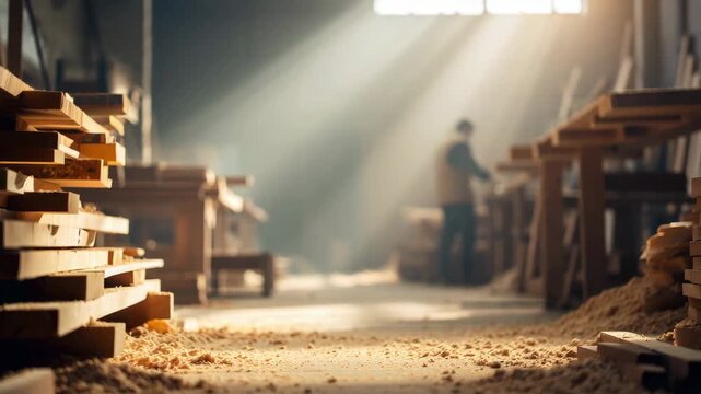 Traditional woodworking studio bathed in natural light, wood planks, sawdust, craftsman at work, showcasing authentic furniture production, equipment marketing, sustainable design, B2B manufacturing
