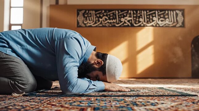 Devout Muslim Man Prostrating in Prayer Inside a Mosque, Illustrating Spiritual Worship and Faith