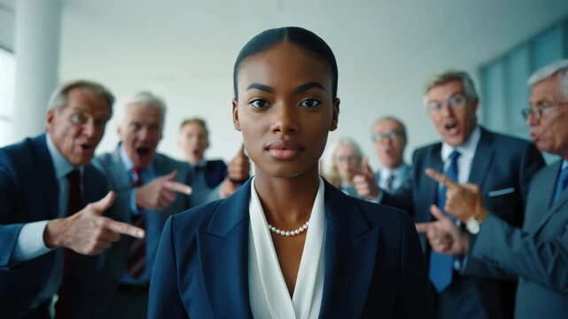 Young professional woman facing workplace bias, leadership pressure in corporate office, diversity inclusion challenge, conflict with colleagues, resilience under scrutiny