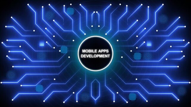 Mobile apps development concept with glowing blue circuit board design