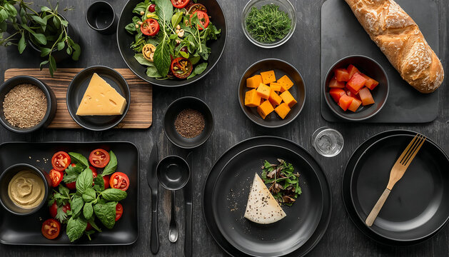 黒マット食器に統一して食材の色を際立たせたモダンなビュッフェ演出