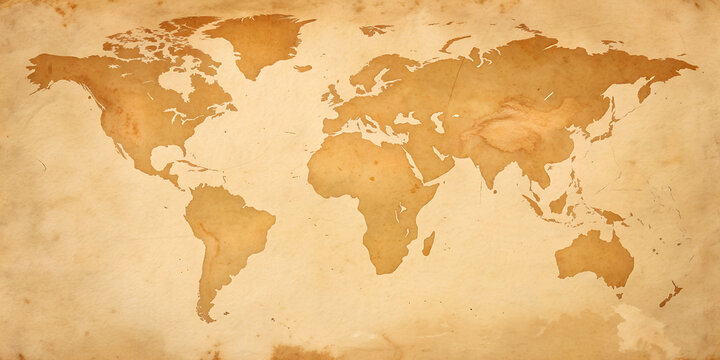Vintage world map on aged parchment paper texture background for antique travel and cartography concept