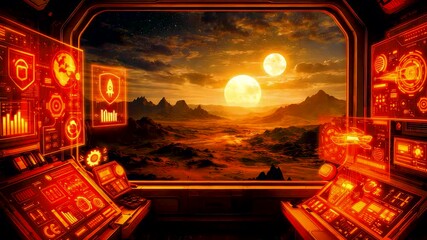 Sci fi command cockpit overlooking alien landscape at sunset, advanced control consoles, space exploration mission and cinematic technology environment