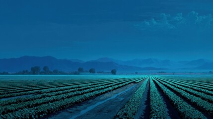 Scenic night landscape of vast agricultural fields with mountain horizon.