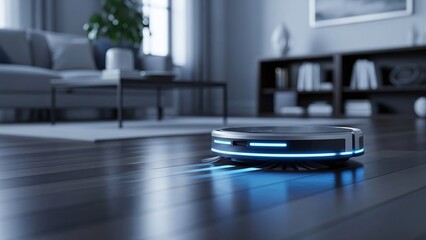 Close-Up of Smart Cleaning Robot Working in Living Room