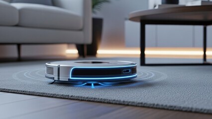 Close-Up of Smart Cleaning Robot Working in Living Room
