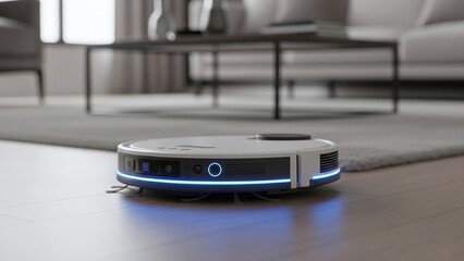 Close-Up of Smart Cleaning Robot Working in Living Room