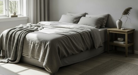 Bright and Serene Scandinavian Bedroom Interior with Neutral Linen Bedding, Wooden Nightstand, and Natural Light by a Window
