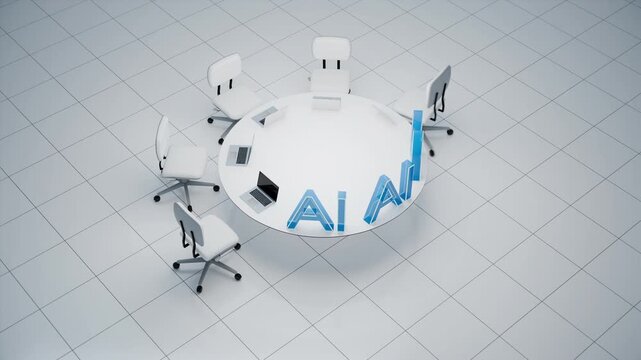 Animation showing how artificial intelligence replaces people in the workplace. Seats at the table are replaced with a 3D generated AI sign.