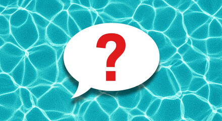 A speech bubble with red question mark on light blue water background with linear highlights, symbolizing inquiry, confusion, curiosity, or problem-solving